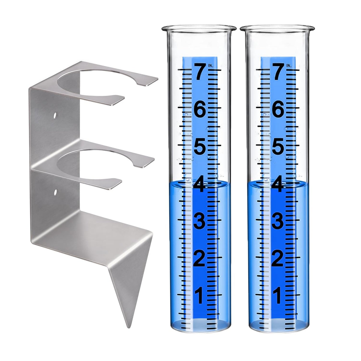 Timenued rain gauge with stainless steel mounting rack for durable outdoor installation.