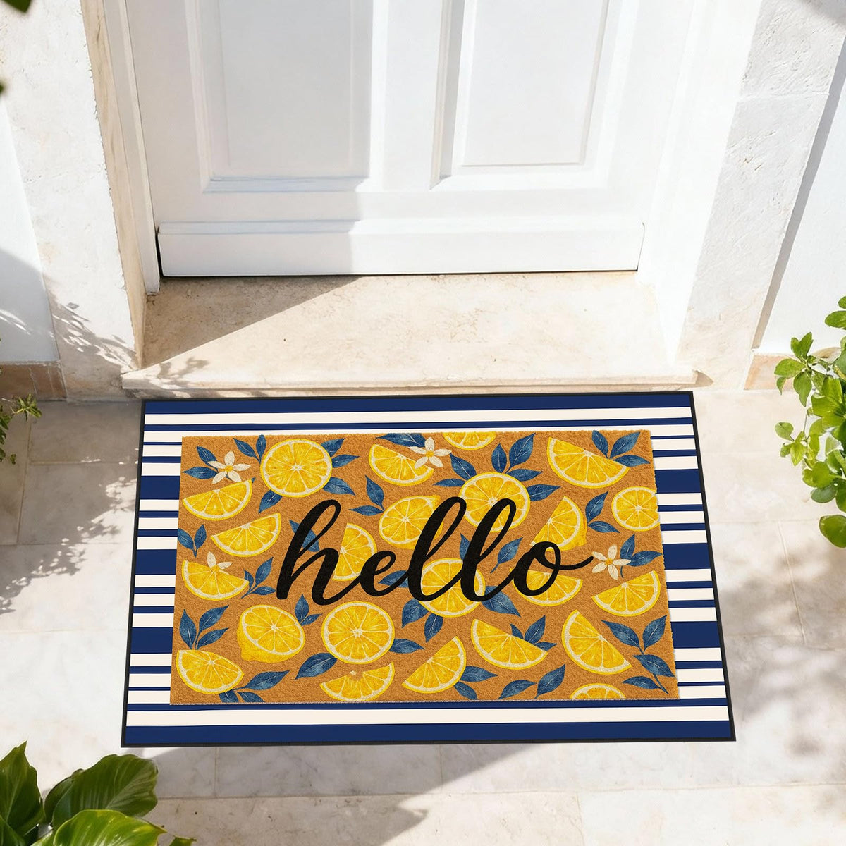 Timgle front porch ambience blends citrus and navy stripes for seasonal curb appeal.