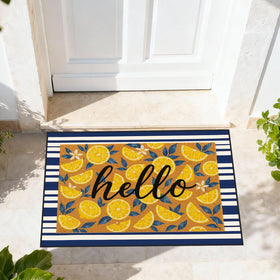 Timgle front porch ambience blends citrus and navy stripes for seasonal curb appeal.