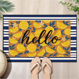 Timgle lemon doormat with hello lemon motif welcoming guests at the door.