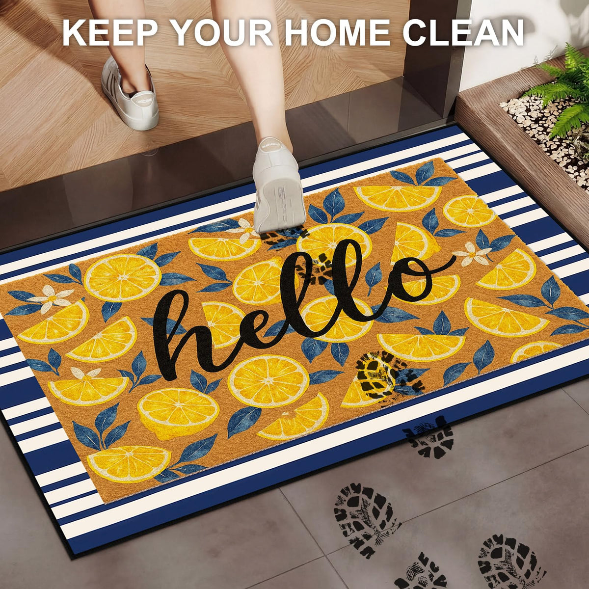 Timgle navy striped rug adds coastal flair while trapping dirt at the threshold.