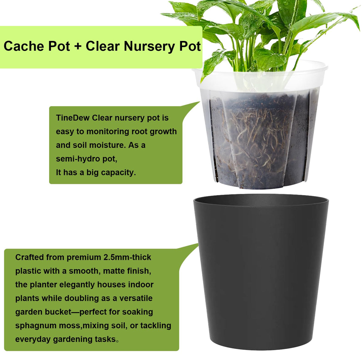 Clear inner nursery pot reveals soil moisture and root growth for semi-hydro setups