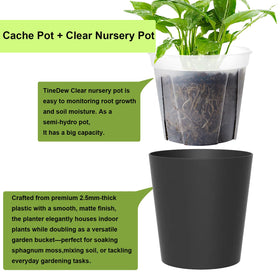 Clear inner nursery pot reveals soil moisture and root growth for semi-hydro setups