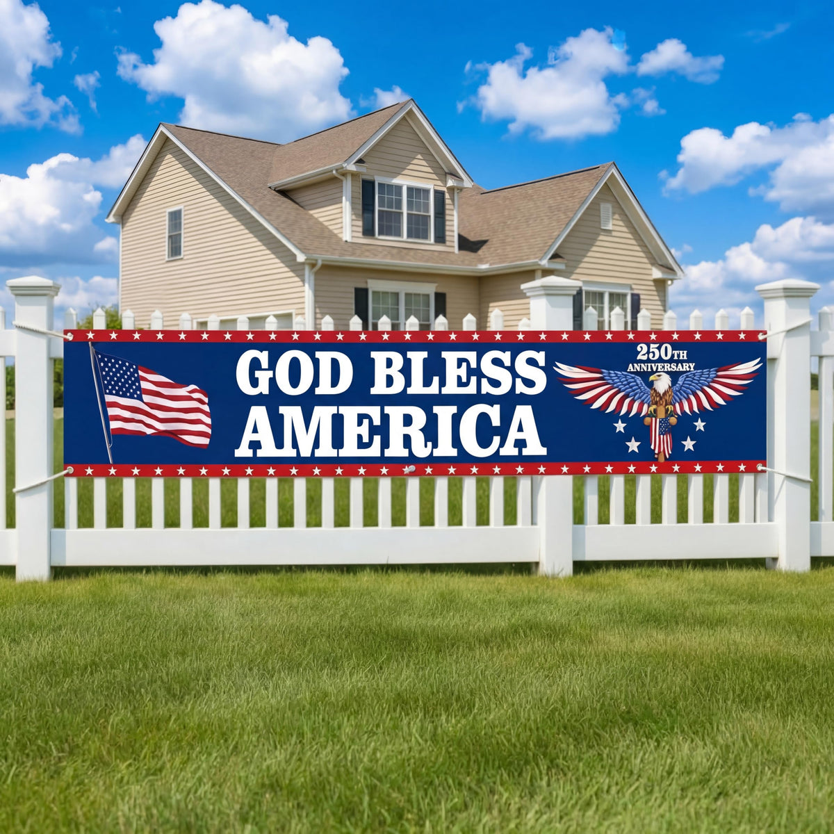 Tingjoo 250th Anniversary God Bless America banner, front view, perfect for outdoor patriotic displays