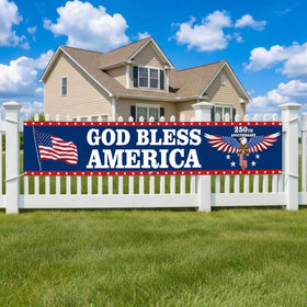 Tingjoo 250th Anniversary God Bless America banner, front view, perfect for outdoor patriotic displays
