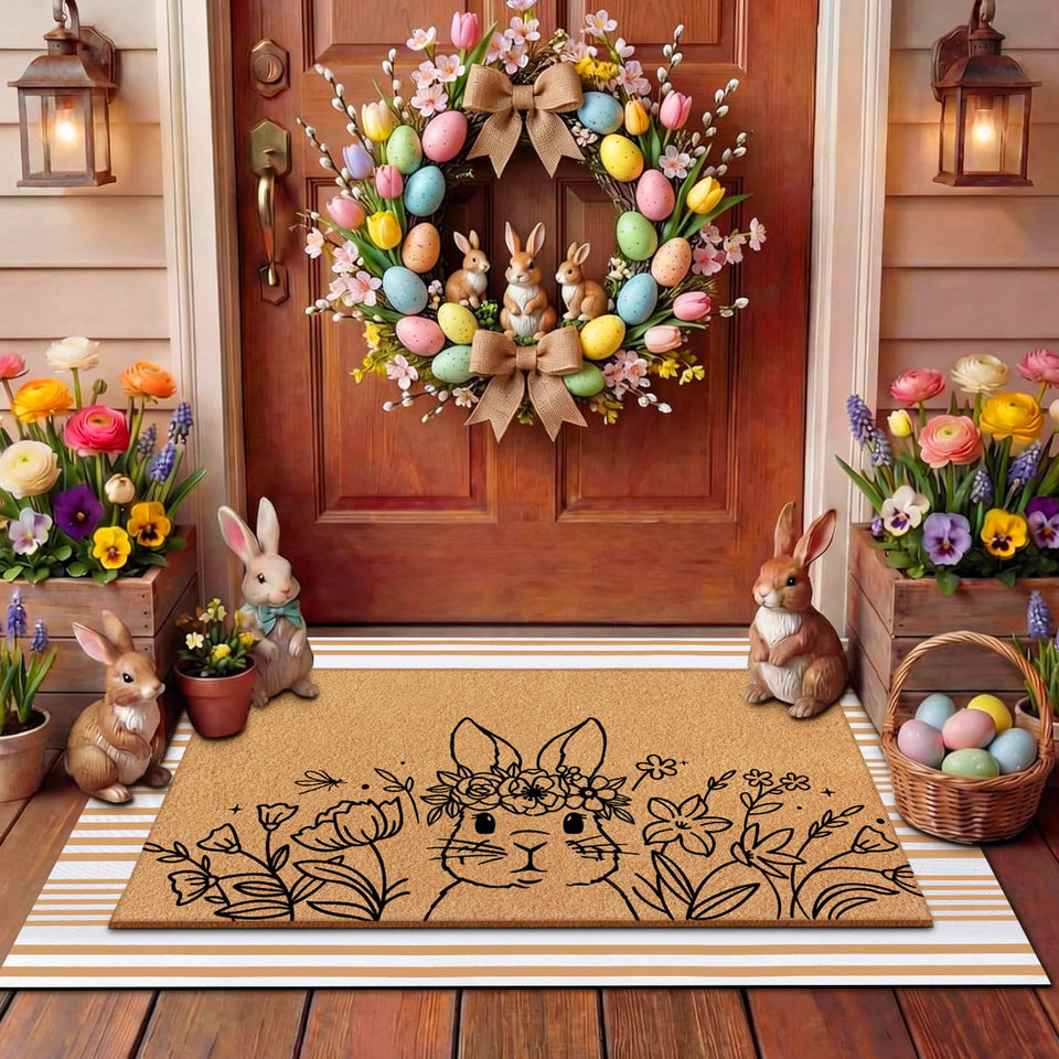 Tinideya Easter door mat with bunny and flowers; welcoming outdoor space