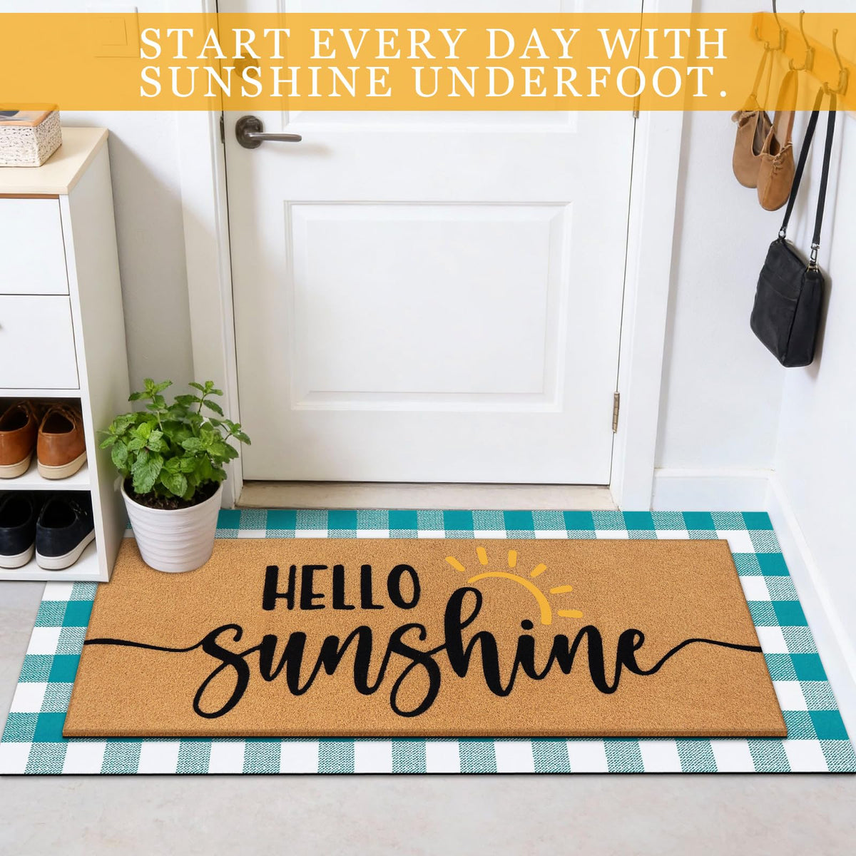 Tinideya buffalo-plaid entryway mat decor welcomes guests and resists daily use.