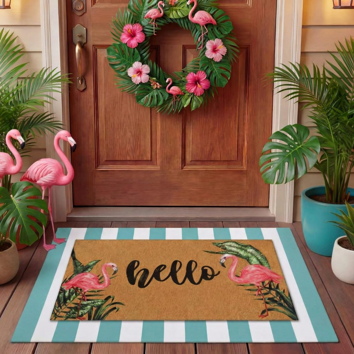 Tinideya flamingo hello mat greets guests with tropical charm.
