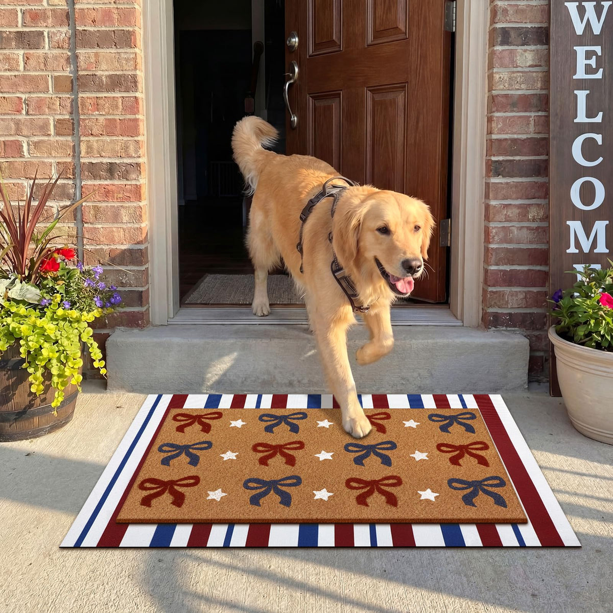 Tinideya Front porch mat featuring a bow and plaid design for seasonal decor.