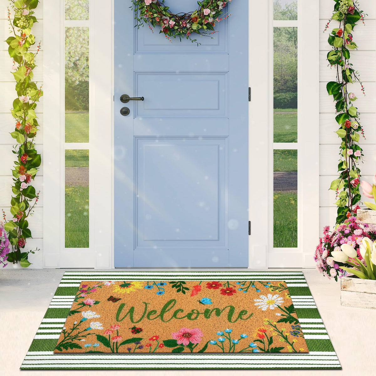 Tinideya front porch mat features elegant floral design