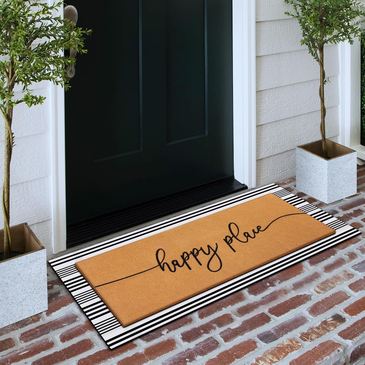 Tinideya Happy Place mat shown near porch entrance, suitable indoors and outdoors.