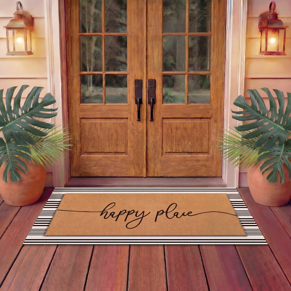 Tinideya Happy Place two-piece door mat set at the entryway, durable and welcoming.