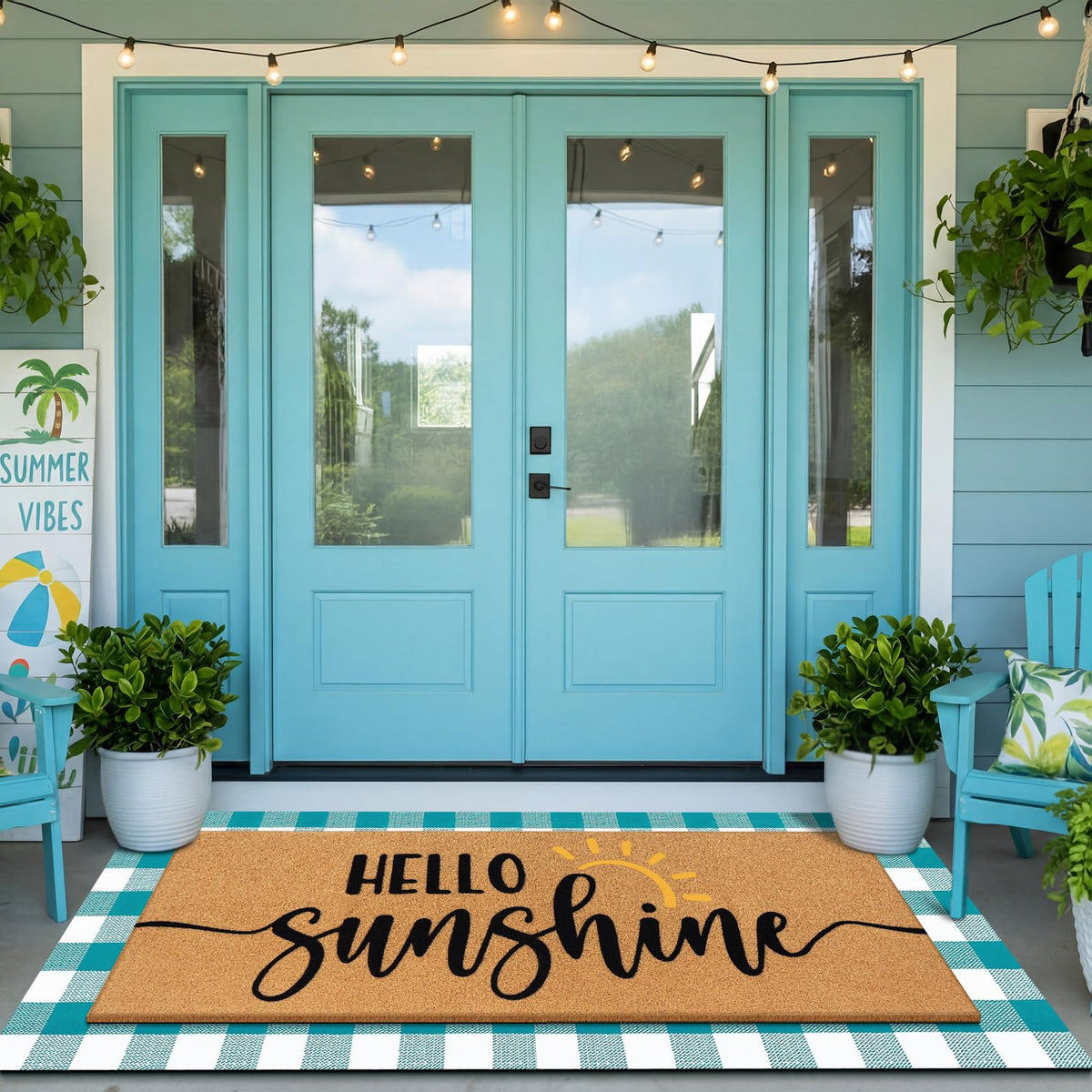 Tinideya Hello Sunshine welcome mat in blue and white greets guests at the door.