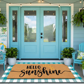 Tinideya Hello Sunshine welcome mat in blue and white greets guests at the door.