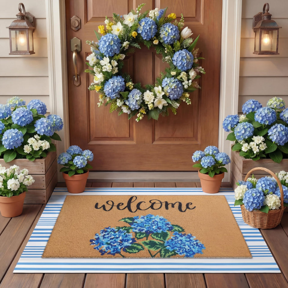Tinideya hydrangea door mat with blue-white stripes welcoming guests at the entry.