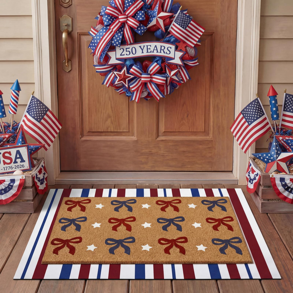 Tinideya Independence Day door mat plaid in red, blue, and white for festive curb appeal.