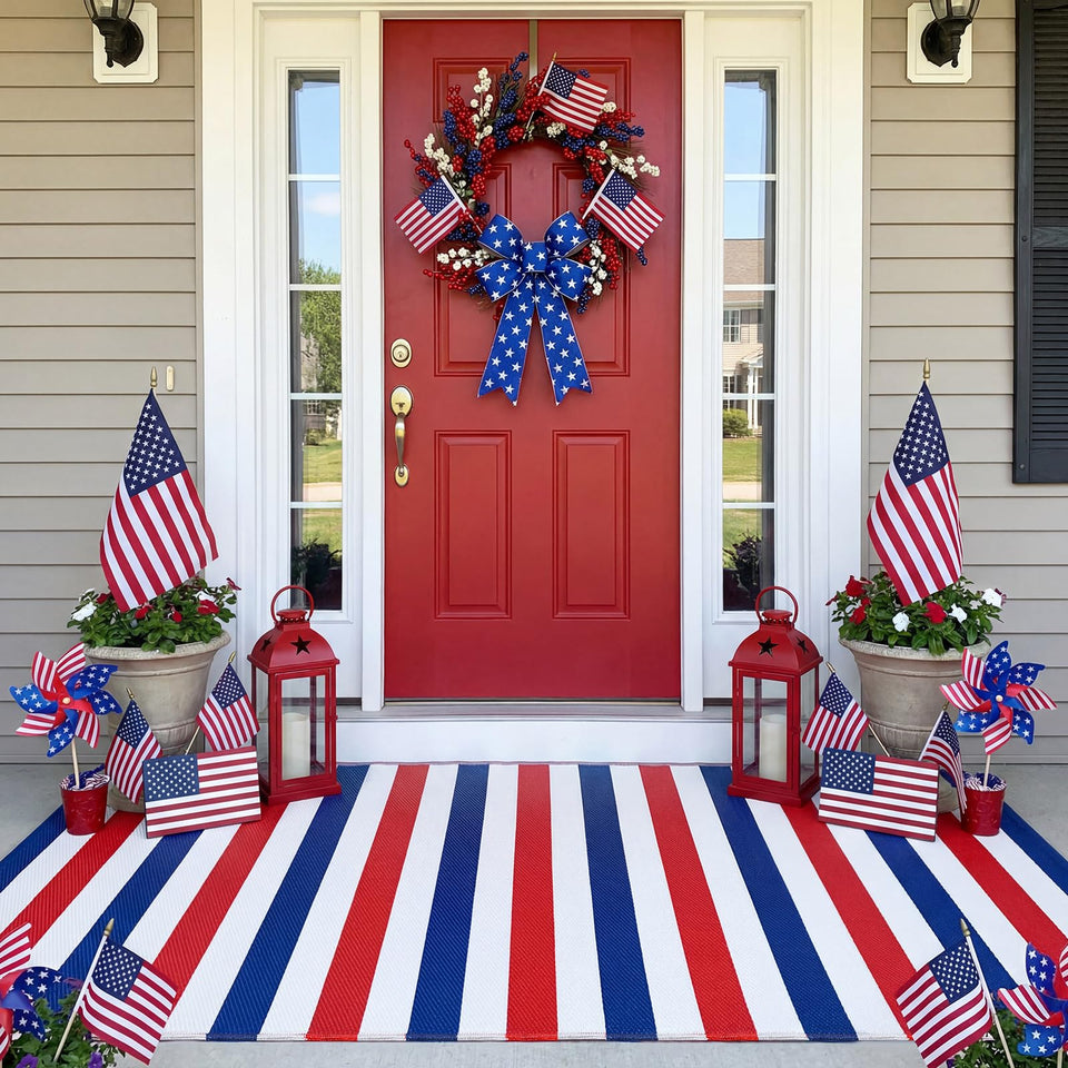 Tinideya patriotic outdoor rug on the front porch enhances curb appeal and durability.