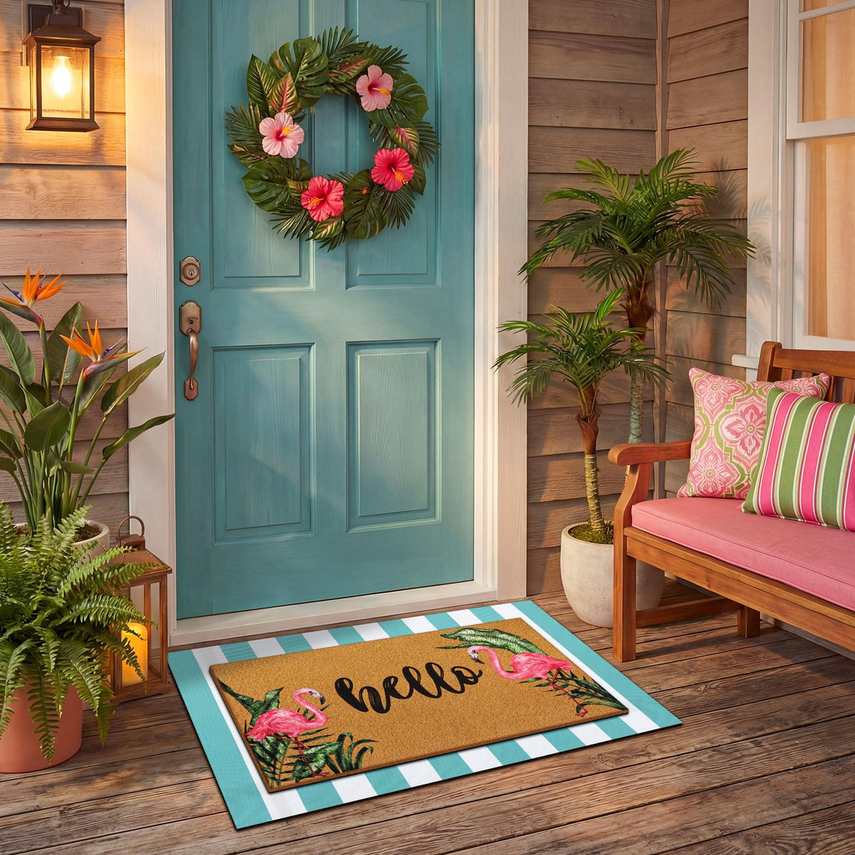 Porch display of Tinideya dual mats for curb appeal and entryway styling.