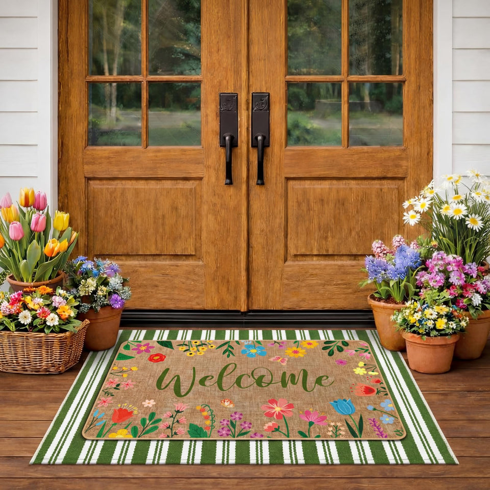 Tinideya spring wildflower welcome doormat at front door with cheerful curb appeal.