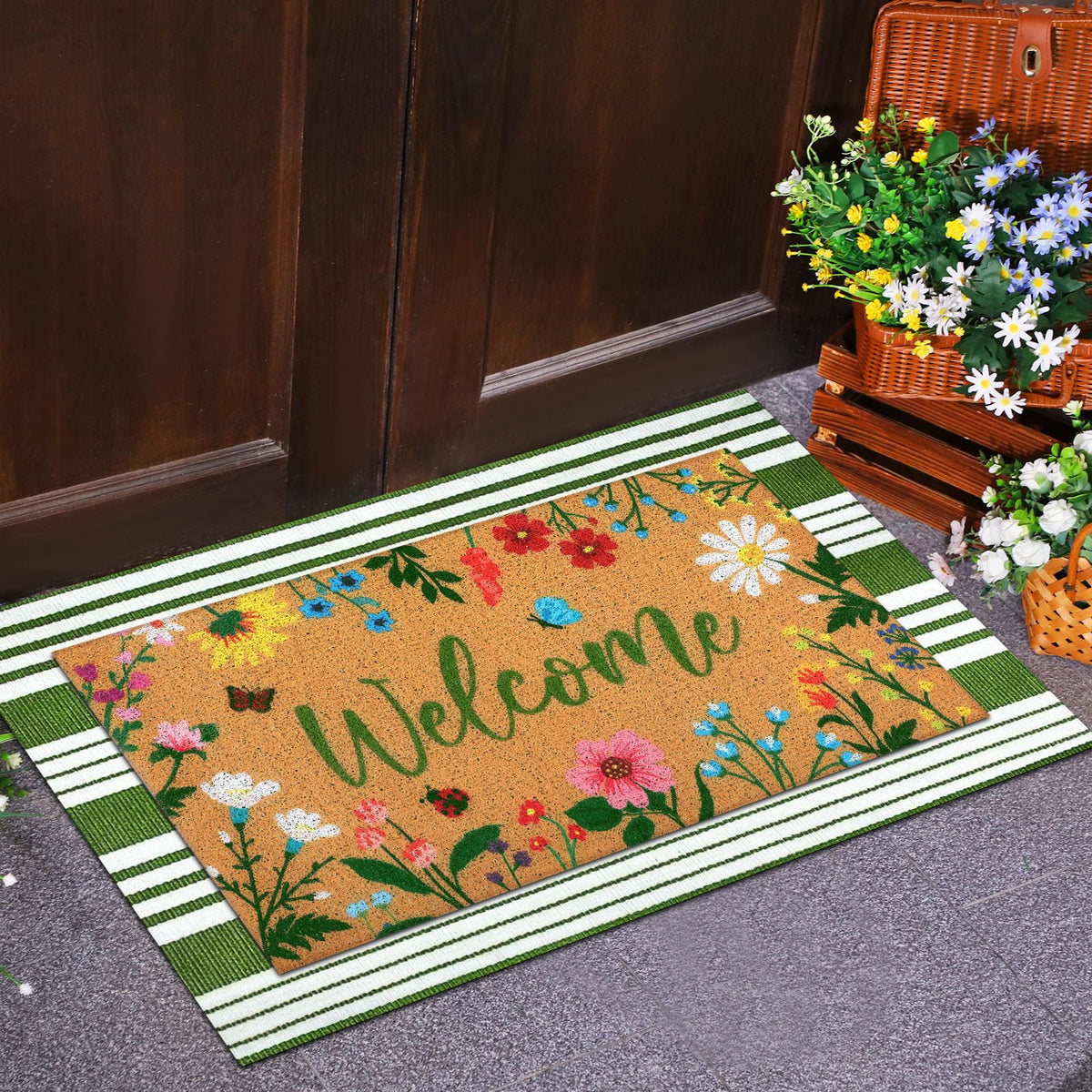 Tinideya striped welcome mat adds green and white charm at entry