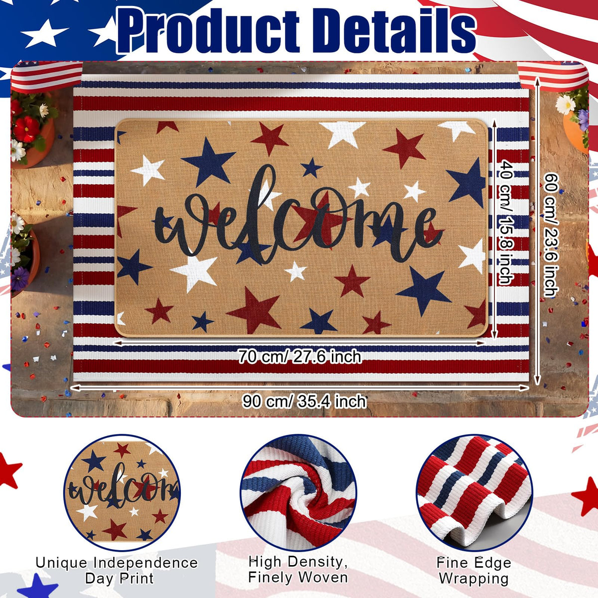 Tinideya stripes rug features bold red, white, and blue for outdoor cheer.