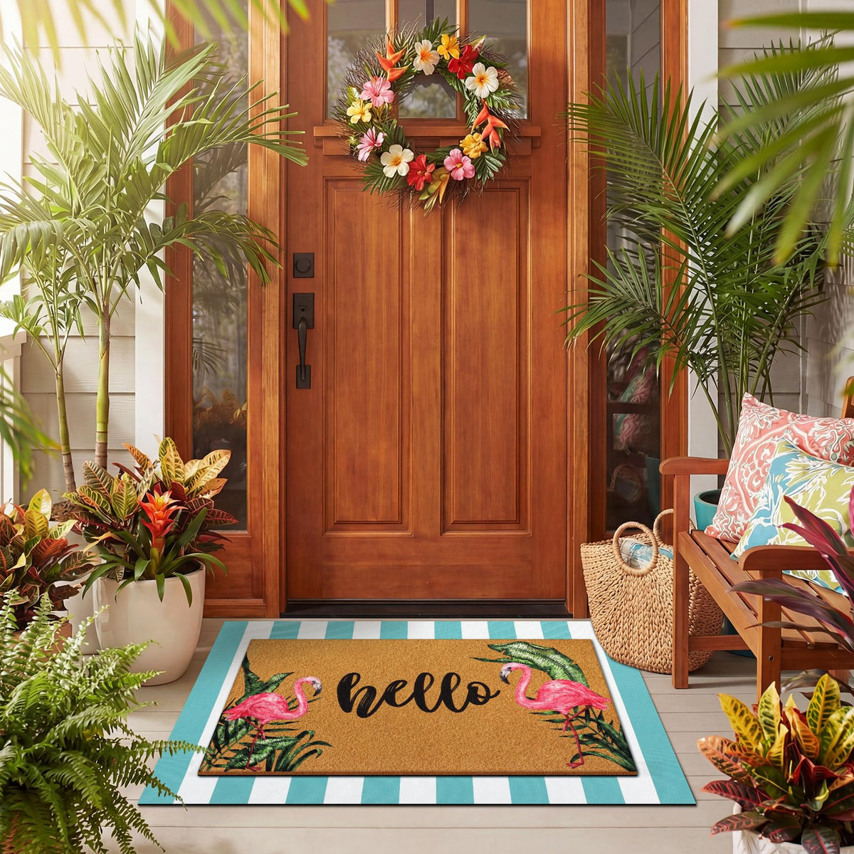 Sunlit Tinideya mat set enhances summer welcome vibes at the doorway.