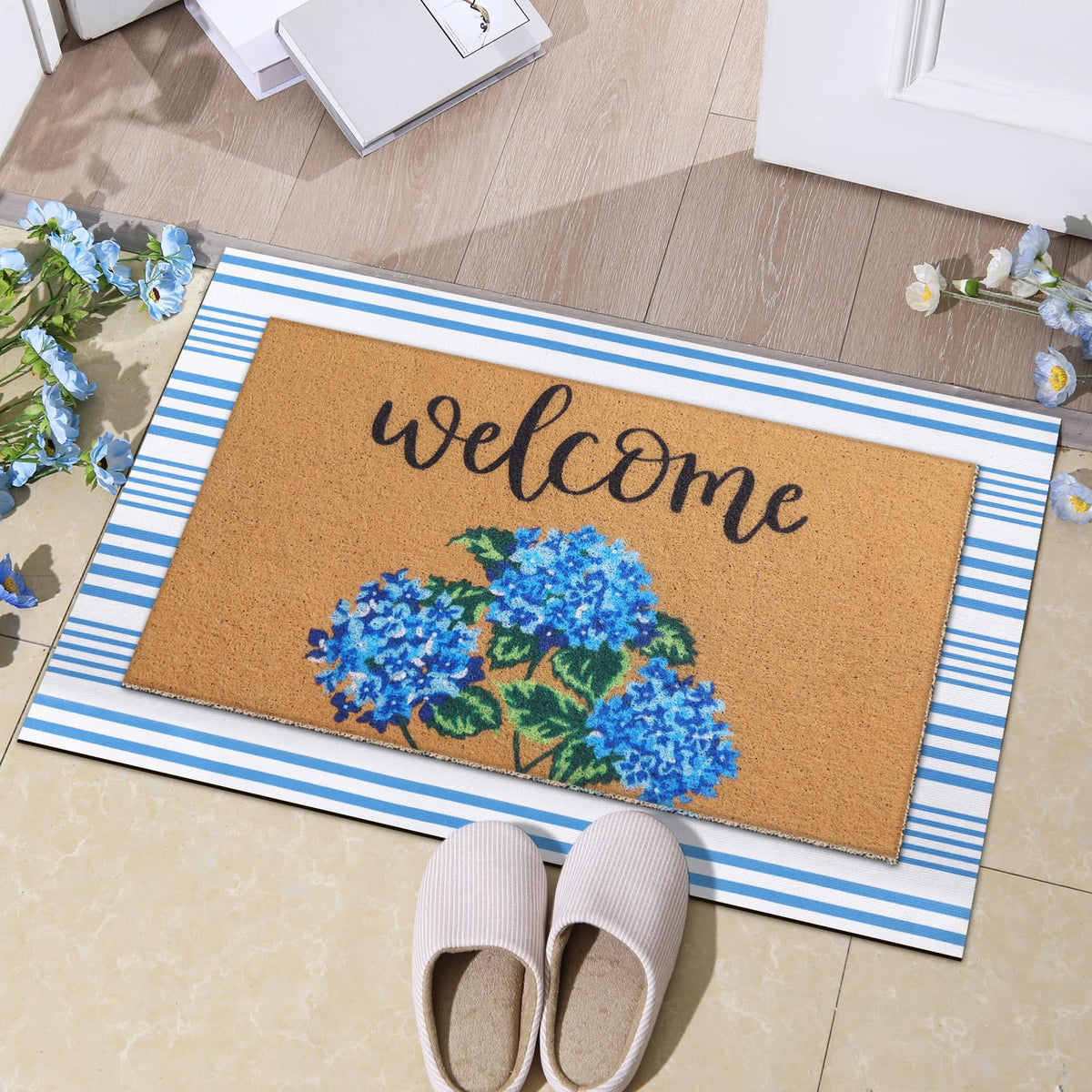 Tinideya two-piece hydrangea mats set displayed for dual-door use.