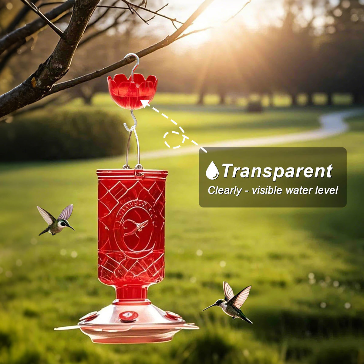 Flower-design Tinlaviy ant moat attracts hummingbirds while blending with feeders.