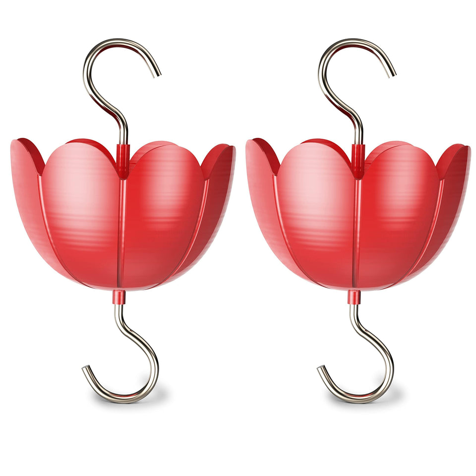 Tinlaviy ant moat on hummingbird feeder with red tulip design for decoration.