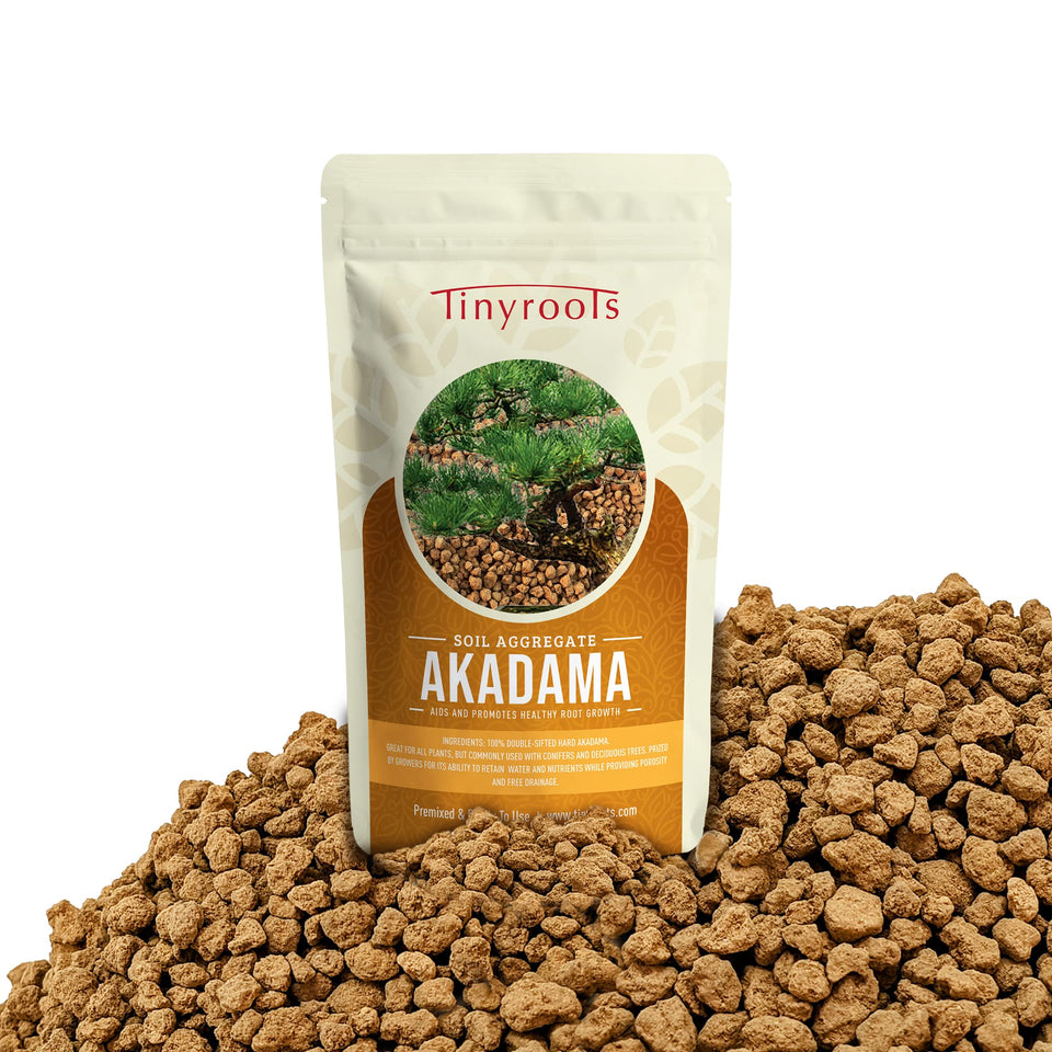Tinyroots Akadama bonsai soil bag shows premium Japanese origin and quality.