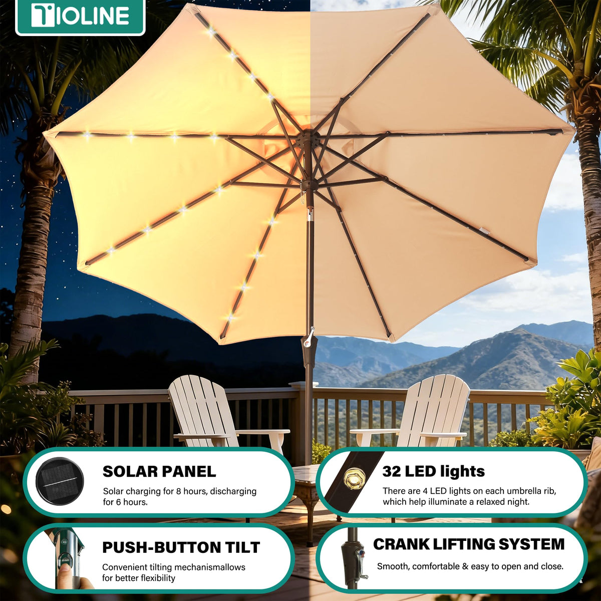 Tioline 9FT LED lights at dusk provide warm outdoor ambiance