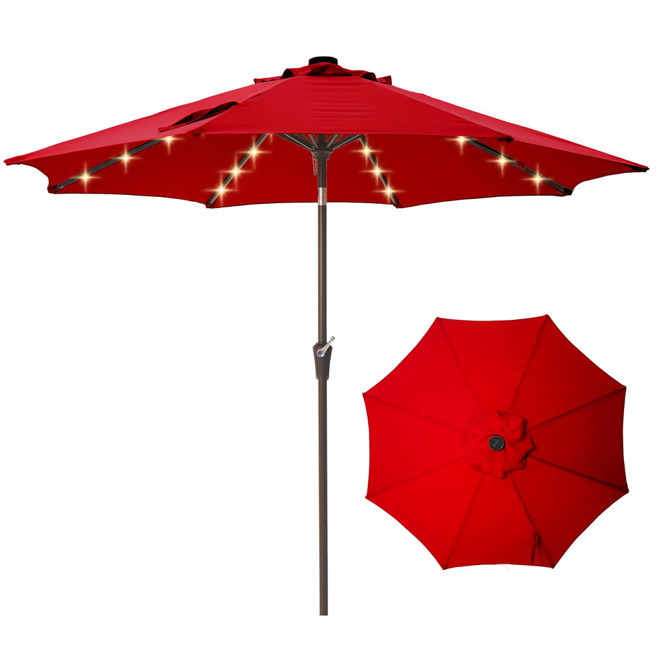 Tioline 9FT solar LED umbrella open view with red canopy for broad shade.