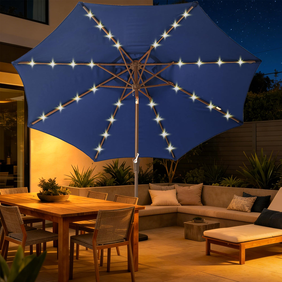 Tioline solar-rechargeable lighting panel powers cordless outdoor lighting.