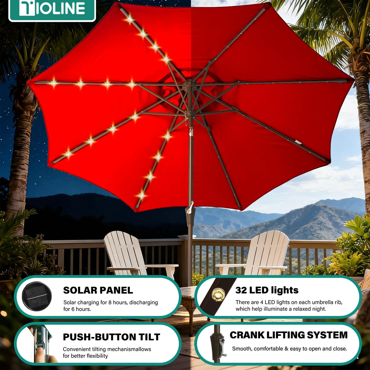 Tioline tilt feature demonstrates adjustable shade control on the umbrella.