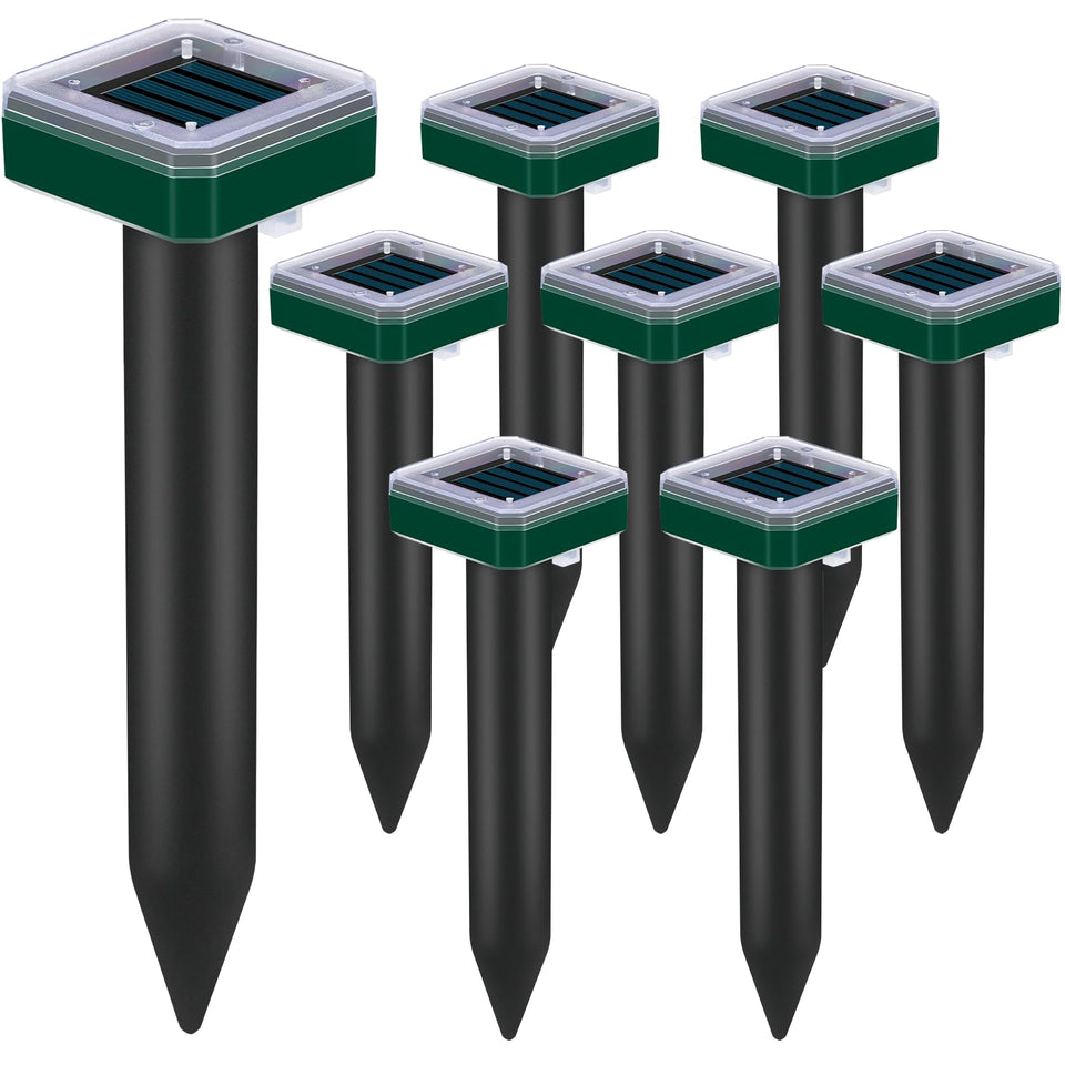 Tirgo 8-pack solar mole repellent stakes deterring burrowing moles in your lawn