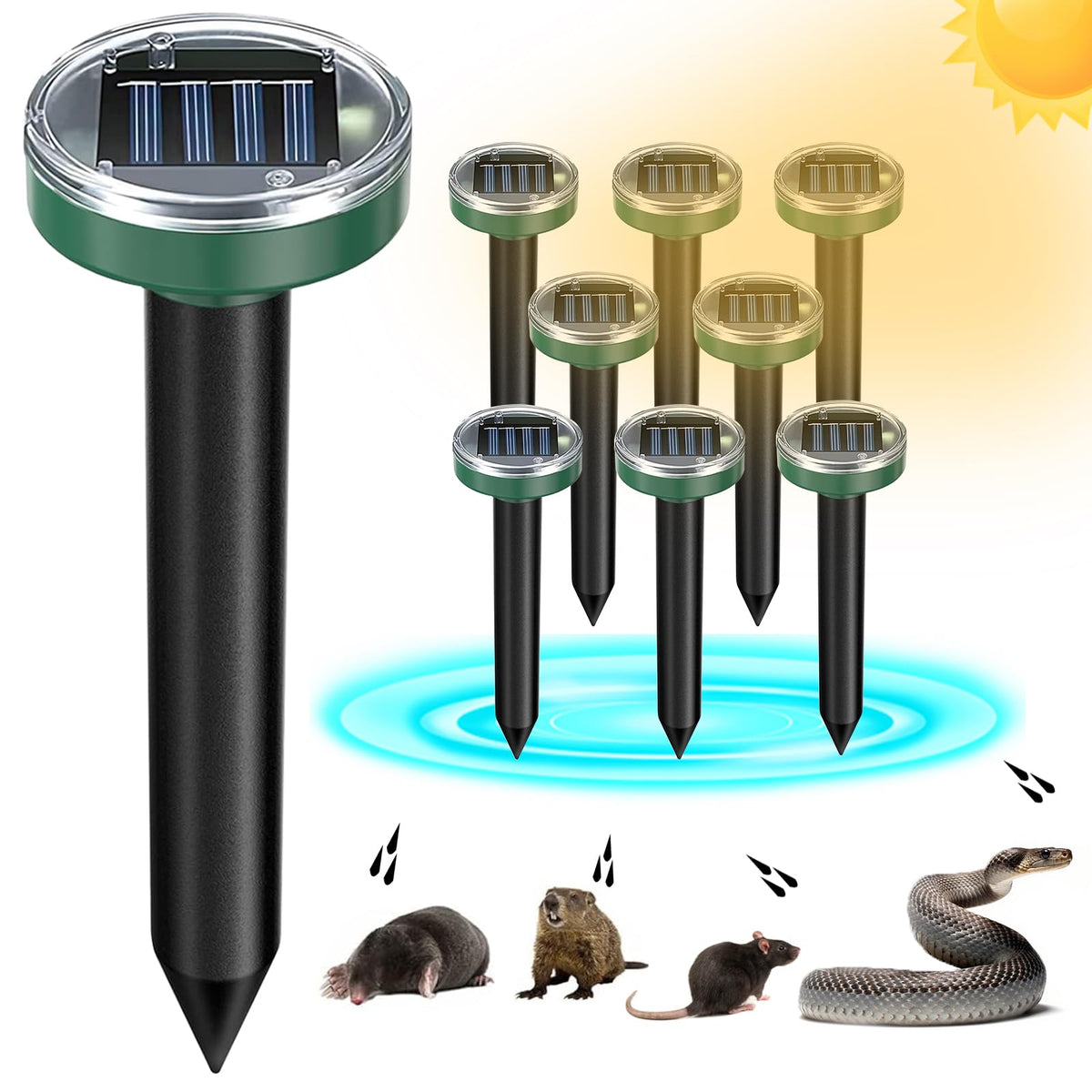 Tirgo 8-pack mole repellent solar panel detail protects lawns from burrowing pests