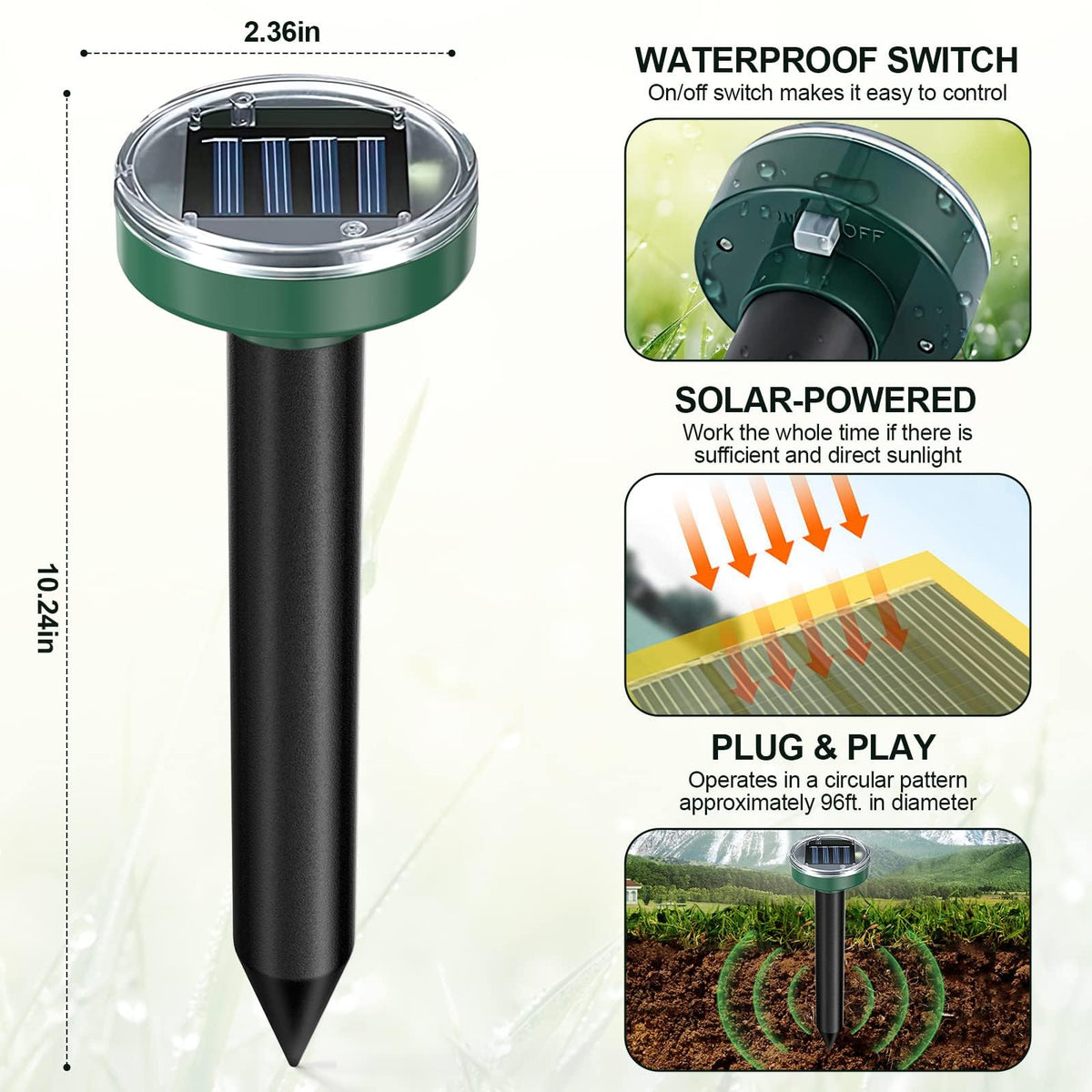 Tirgo groundhog repellent spike installed in soil creates perimeter.