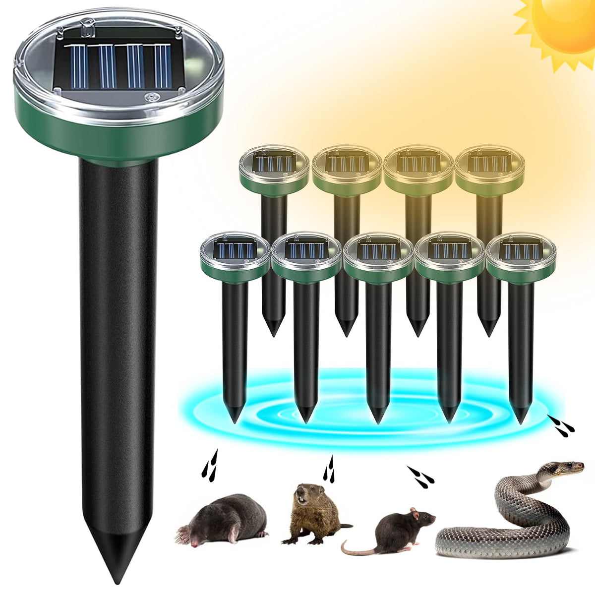 Tirgo mole repellent solar stake protecting yard with sun powered deterrence.