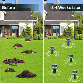 Tirgo weatherproof mole deterrent stands up to rain and snow outdoors.
