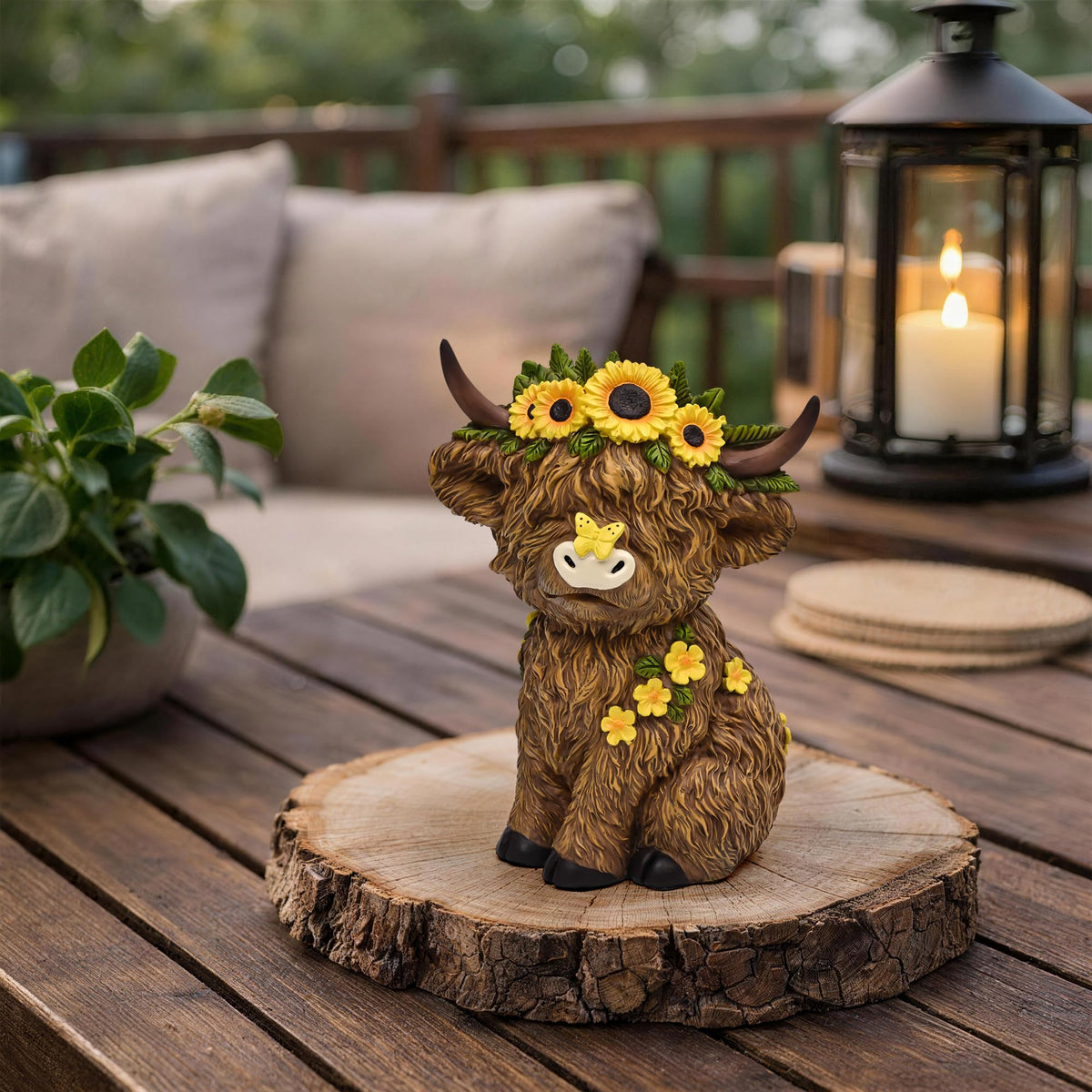 TISEJOY Highland Cow indoor desk statue complements shelves.