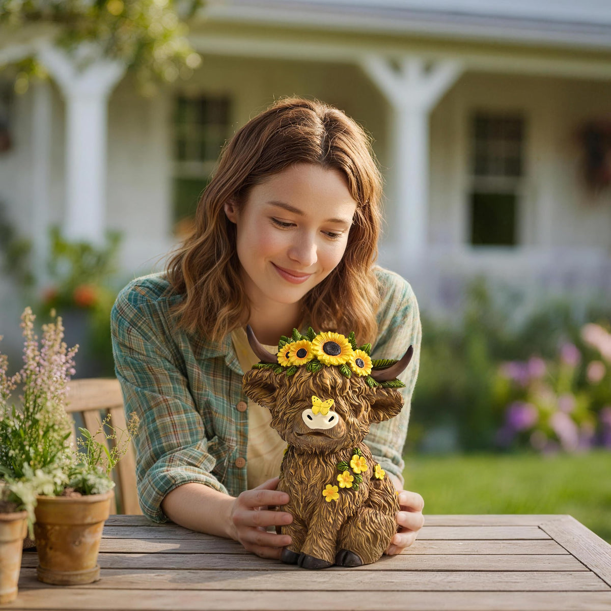 TISEJOY Highland Cow statue among plants adds garden charm.