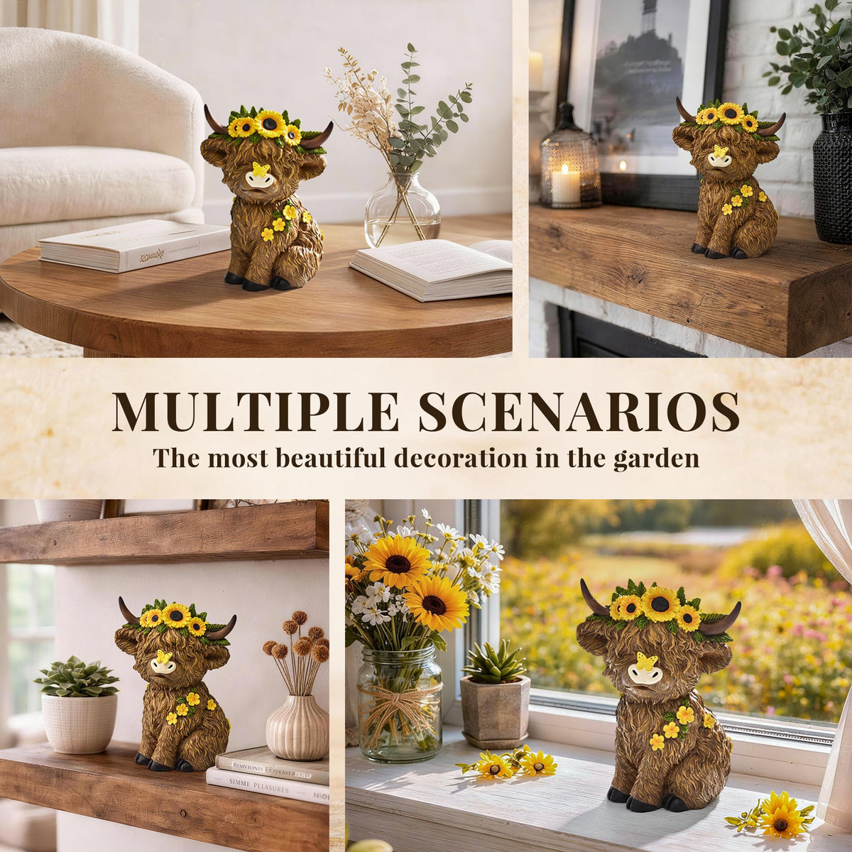 TISEJOY Highland Cow decor on windowsill brightens indoor space.