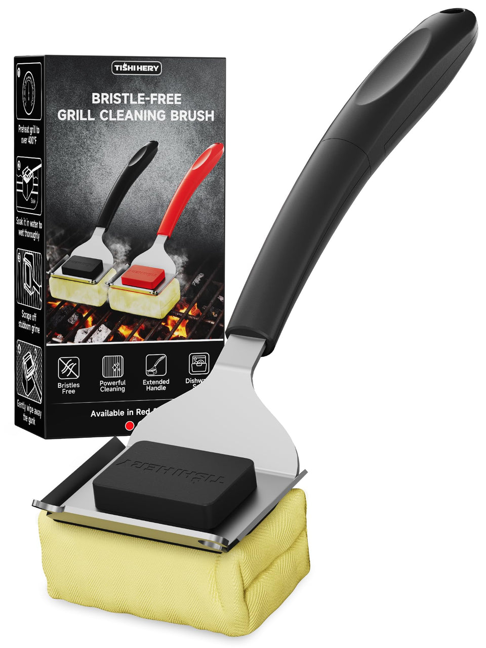 TISHI HERY bristle-free grill brush ready for safer cleaning on a hot grate