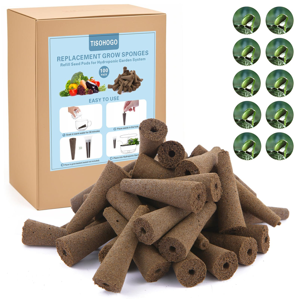 TISOHUGO grow sponges 100-pack for mold-free seed starting and consistent performance