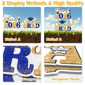 TISTON blue and gold yard decor for outdoor graduation celebrations.