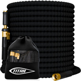 Titan Garden Hose 100ft coil showing easy storage and lightweight handling