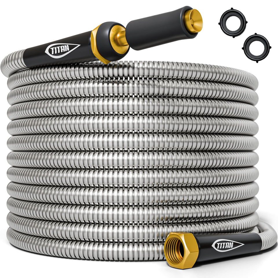 Titan Garden Hose 25ft steel shell offers durable outer protection for year-round use.