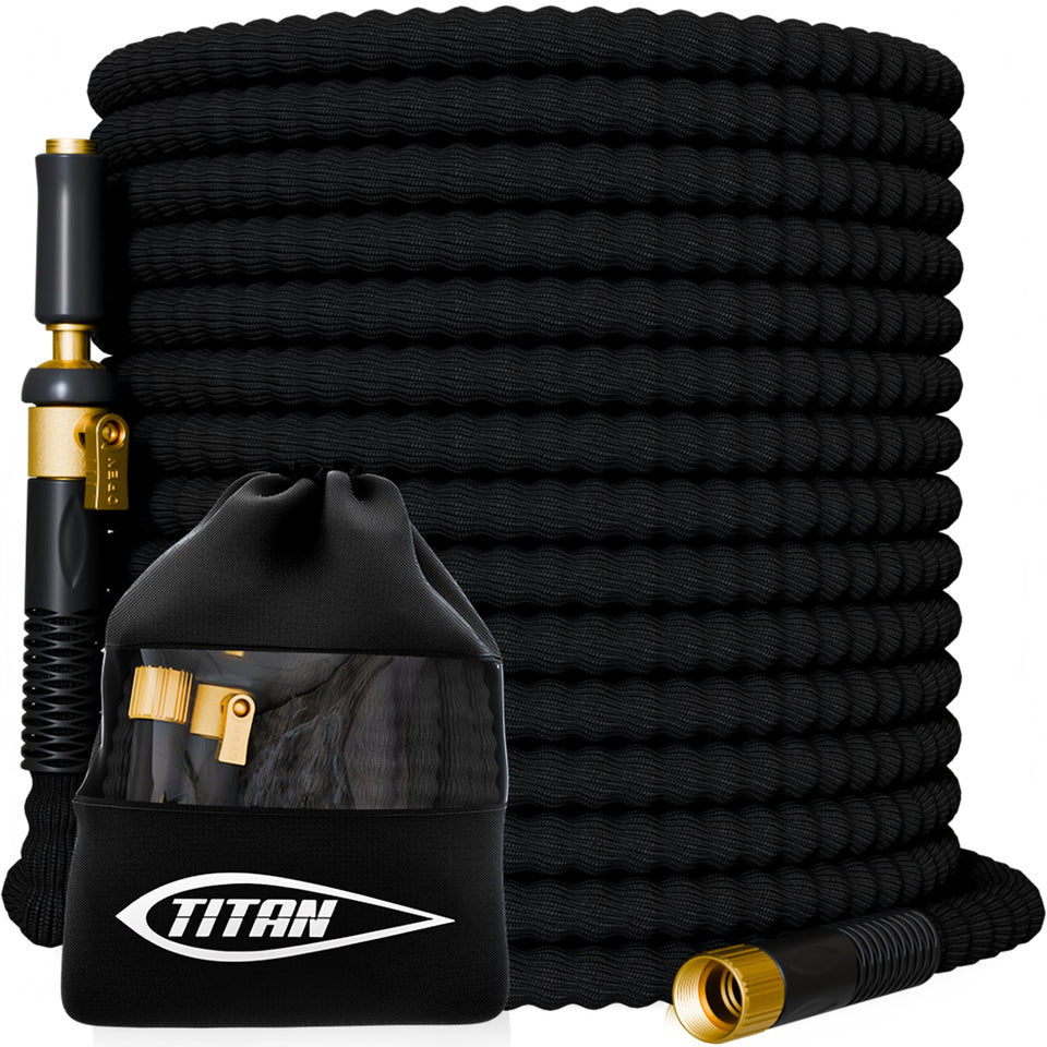 Titan Garden Hose 50ft coil showcases lightweight handling for easy yard use.