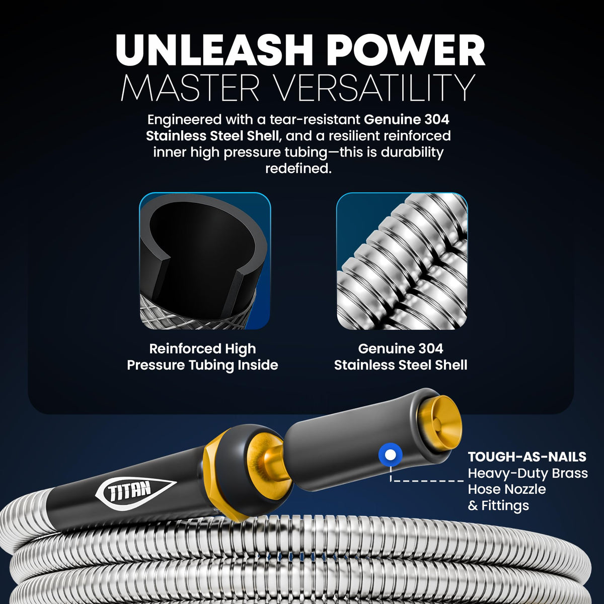 Titan Garden Hose high-pressure brass nozzle delivers powerful, targeted spray for cleaning.