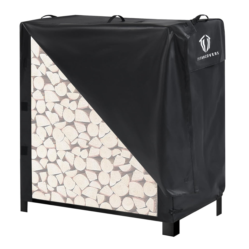 TitanCovers 4ft firewood cover top handles for easy placement and quick adjustments.